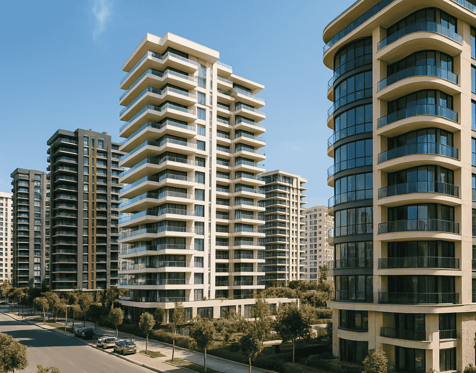 Antalya Aksu’da lüks rezidans sitelerinin bulunduğu modern bir mahalle görünümü.