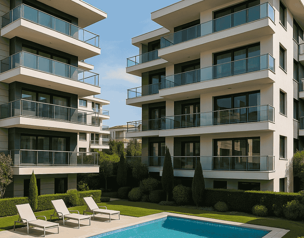Konyaaltı site yönetimi – modern apartman, havuz ve bahçe düzenlemesi