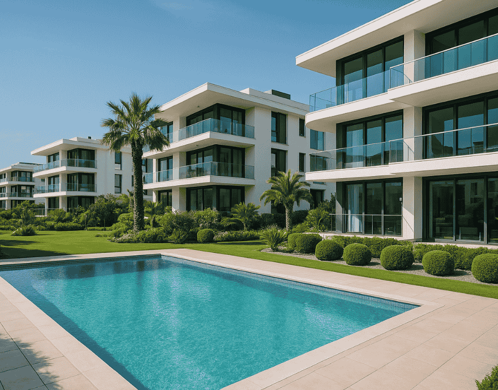 Antalya’da profesyonel apartman yönetimi yapılan modern site kompleksi, havuzlu ve bakımlı bahçeli yaşam alanı.